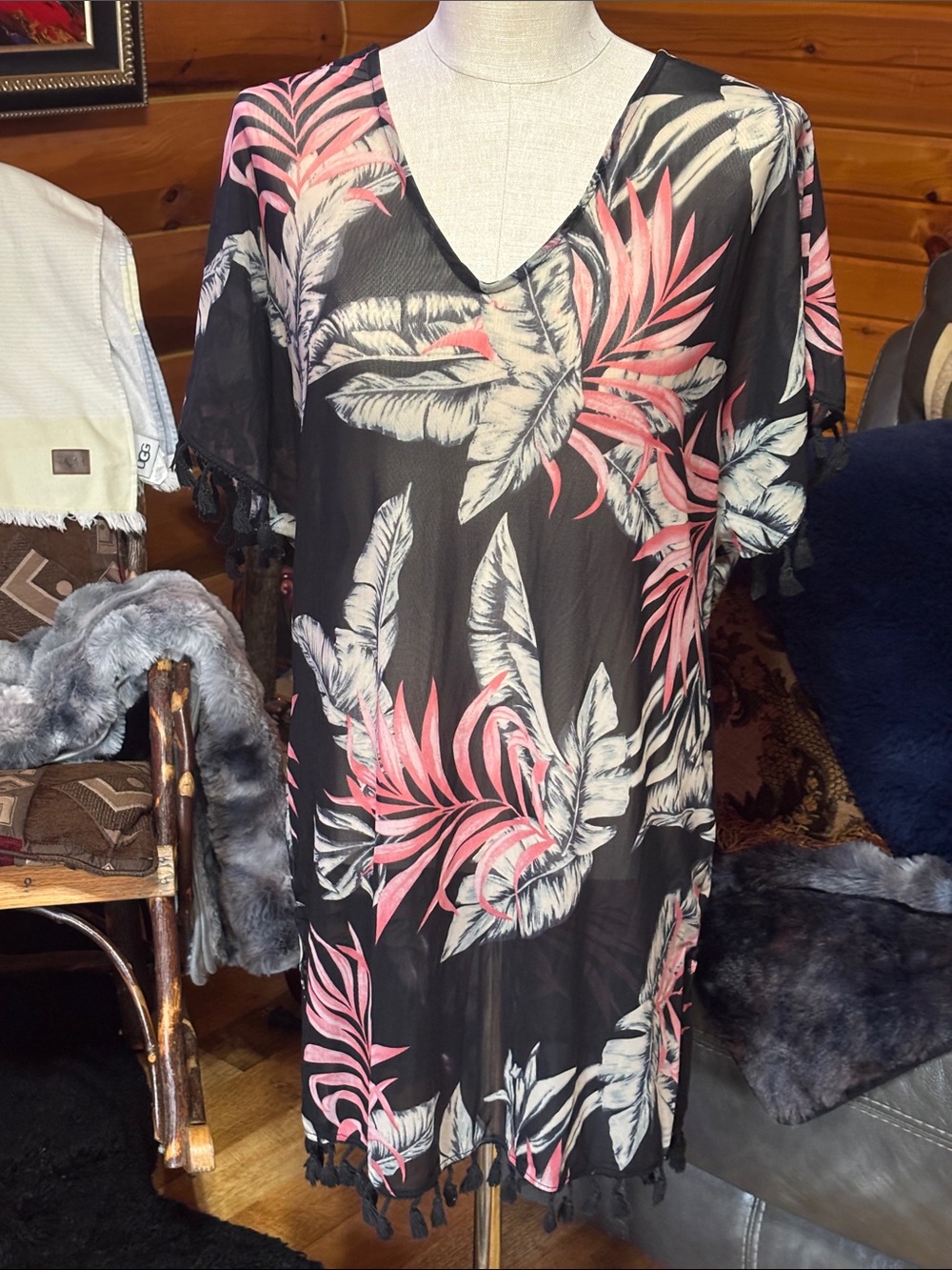 Lildy Black Tropical V-Neck Swim Cover-Up with Pink Leaf Print